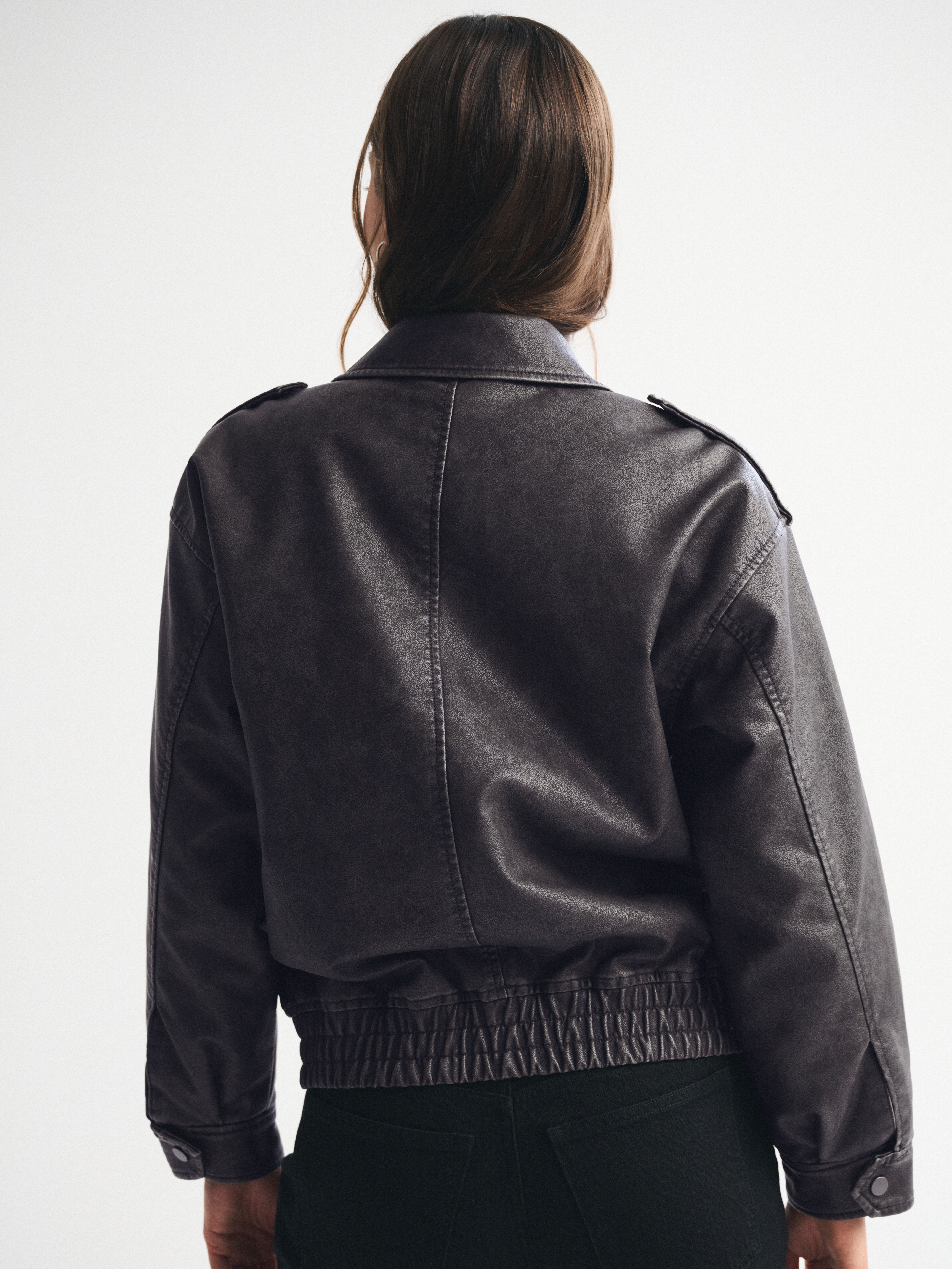 Abercrombie & Fitch Vegan Leather Distressed Bomber Jacket In Black