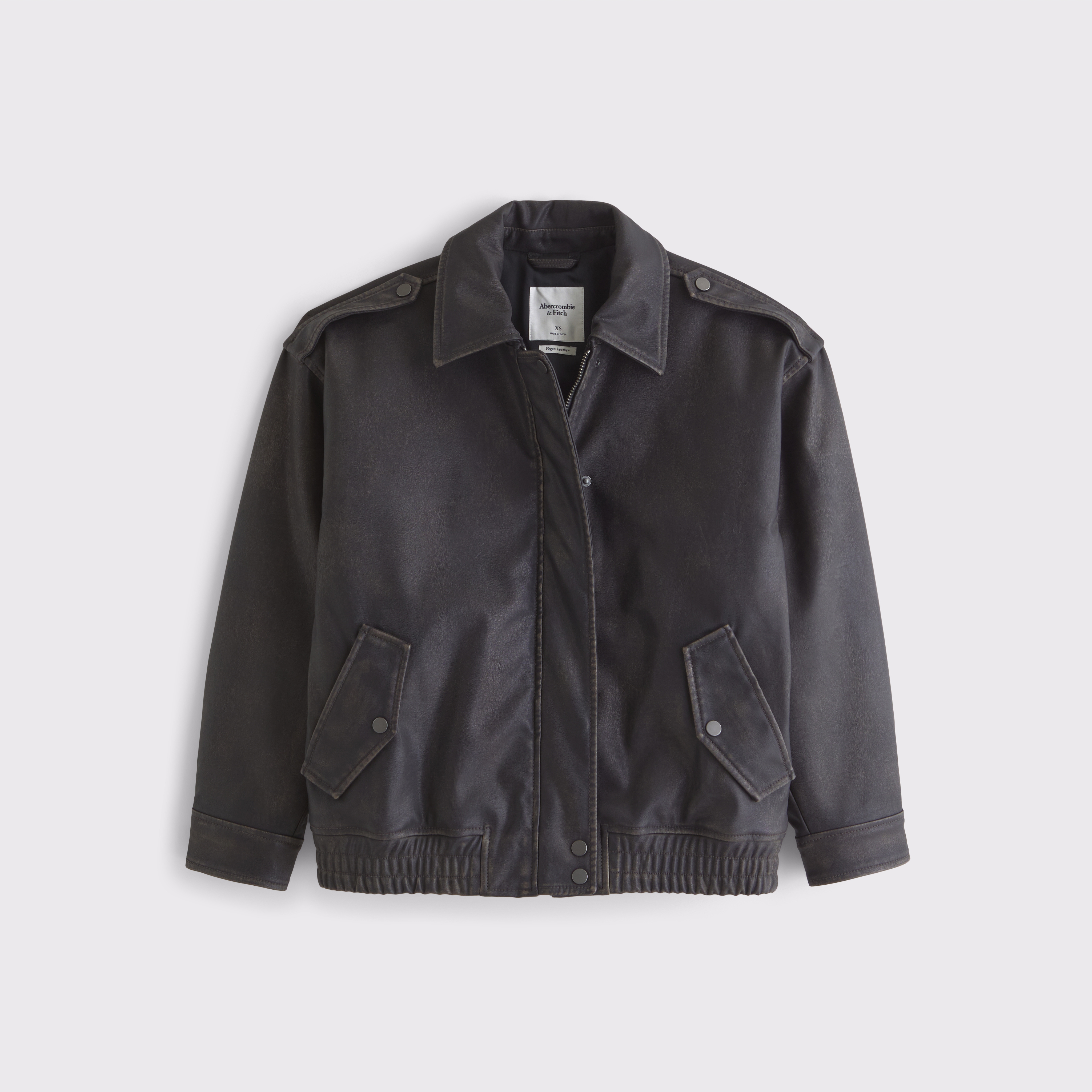 Abercrombie & Fitch Vegan Leather Distressed Bomber Jacket In Black