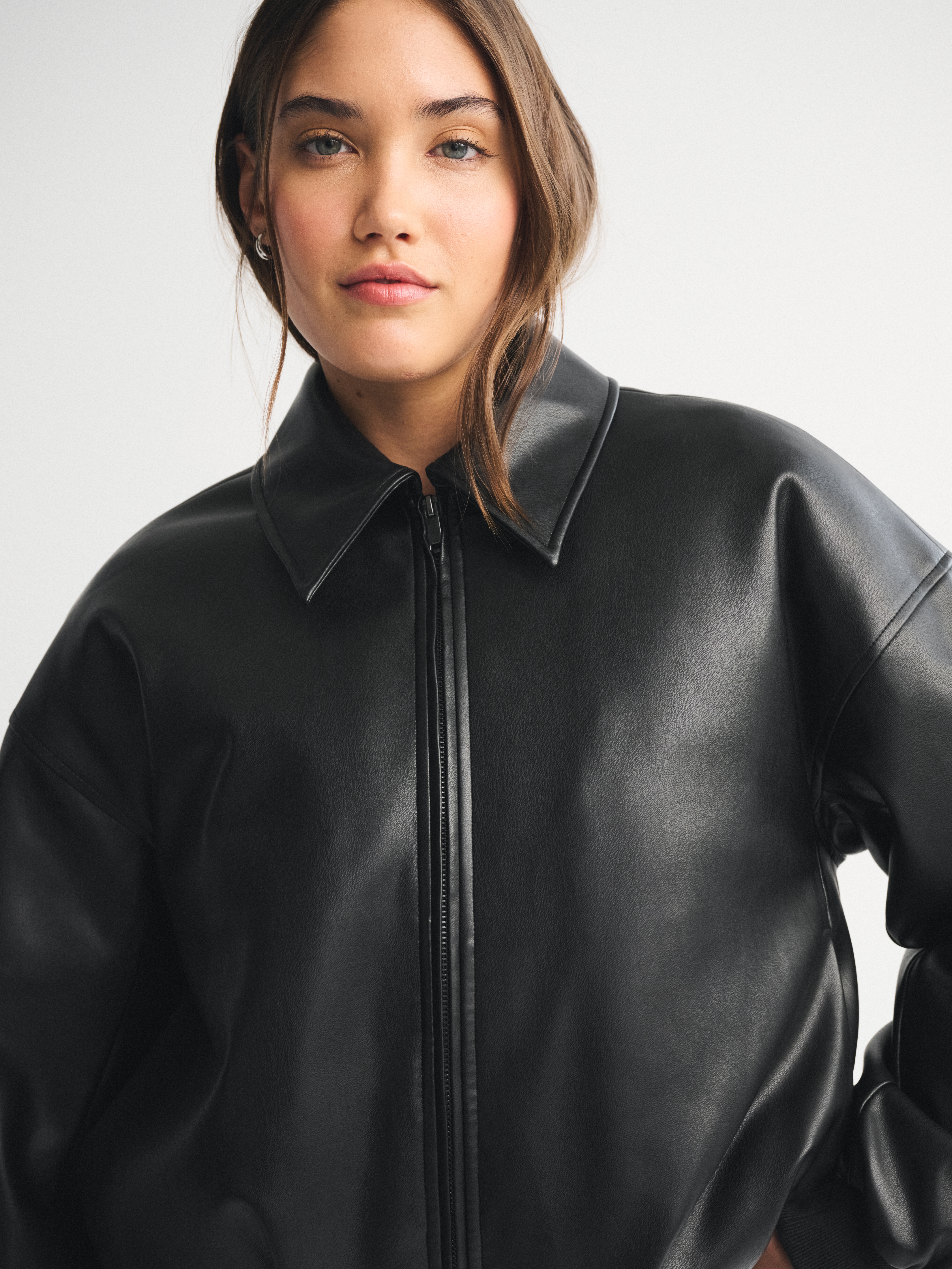 Abercrombie & Fitch Vegan Leather Bubble Hem Coat In Black