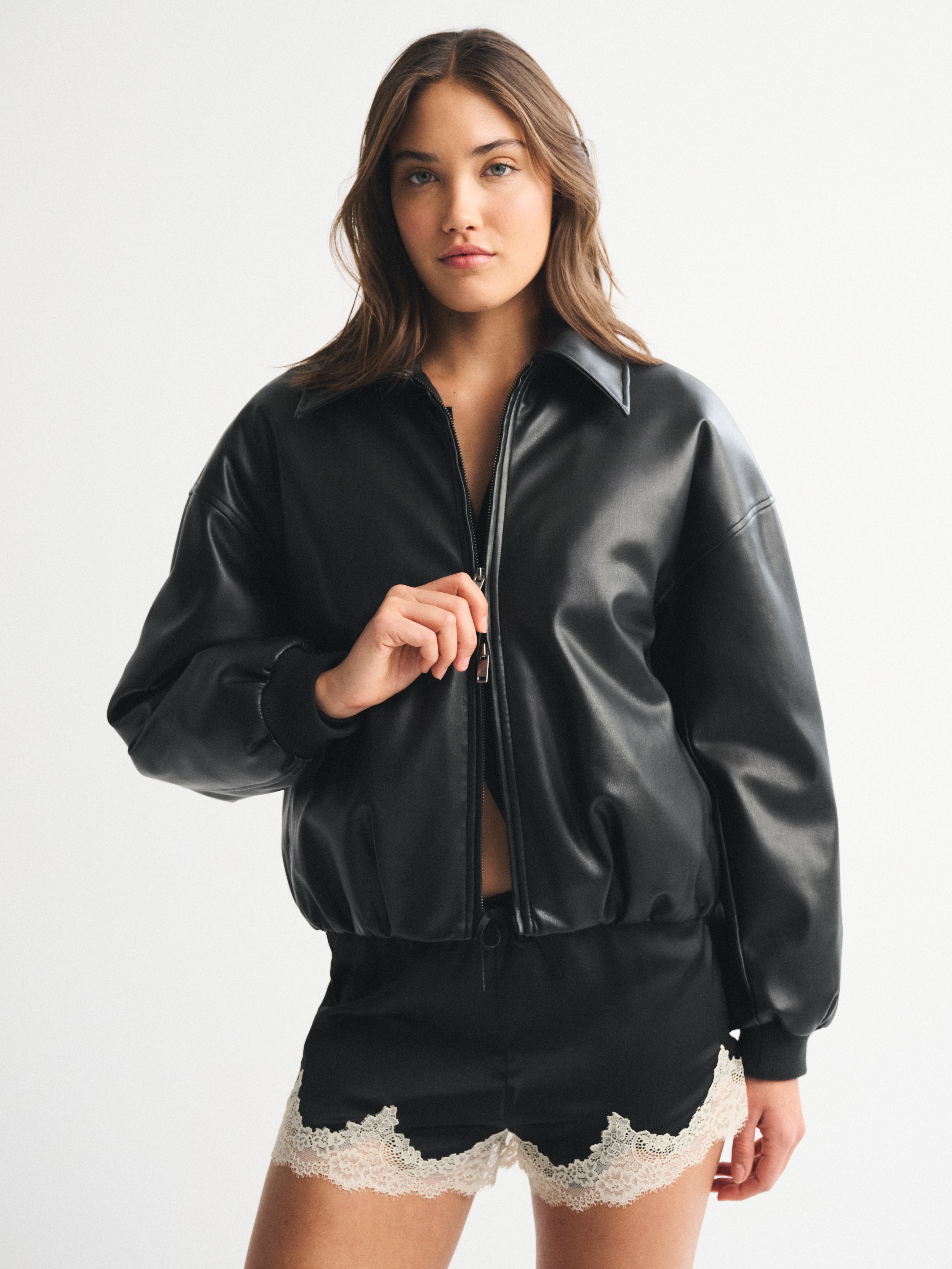 Abercrombie & Fitch Vegan Leather Bubble Hem Coat In Black