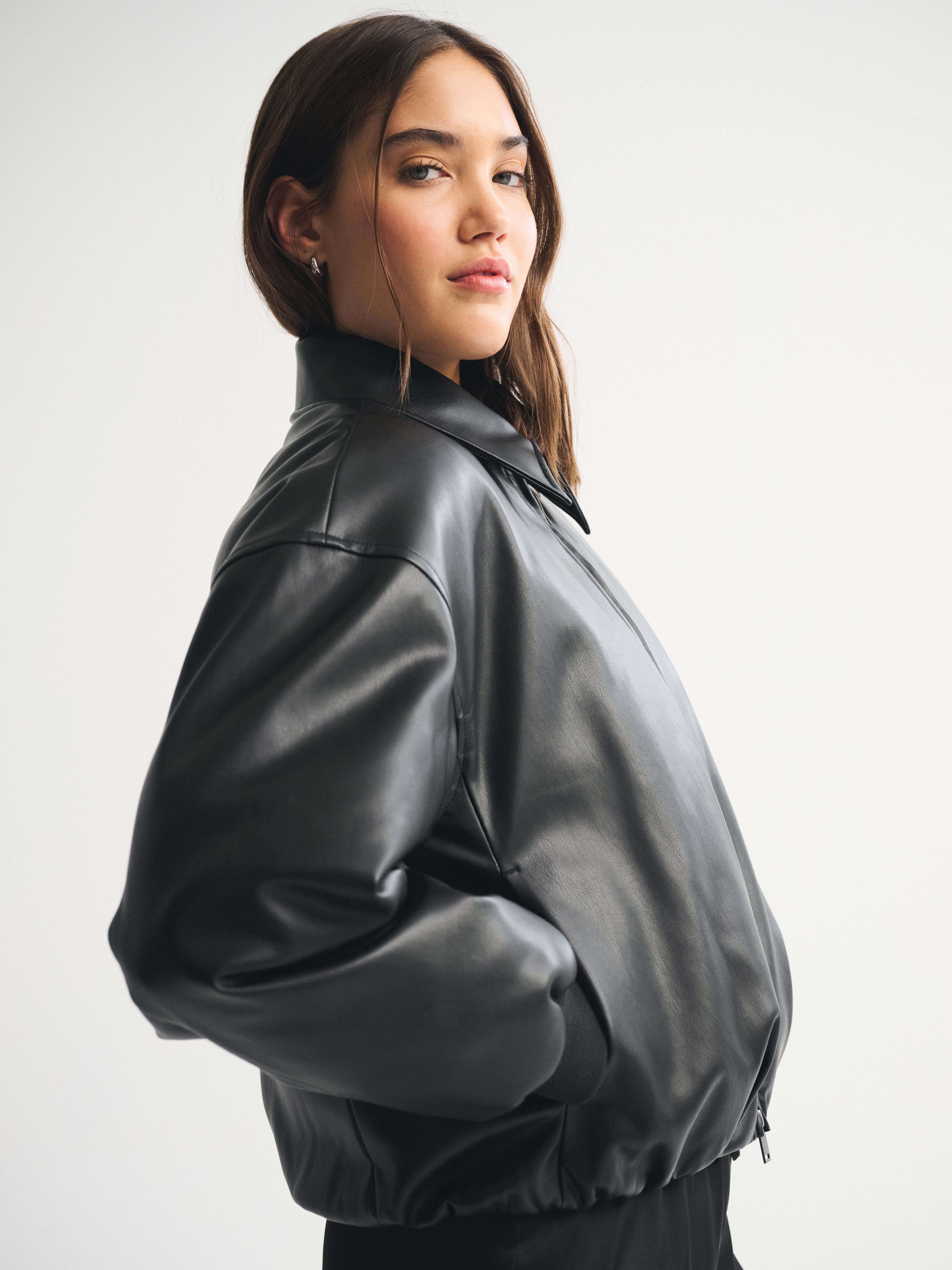 Abercrombie & Fitch Vegan Leather Bubble Hem Coat In Black