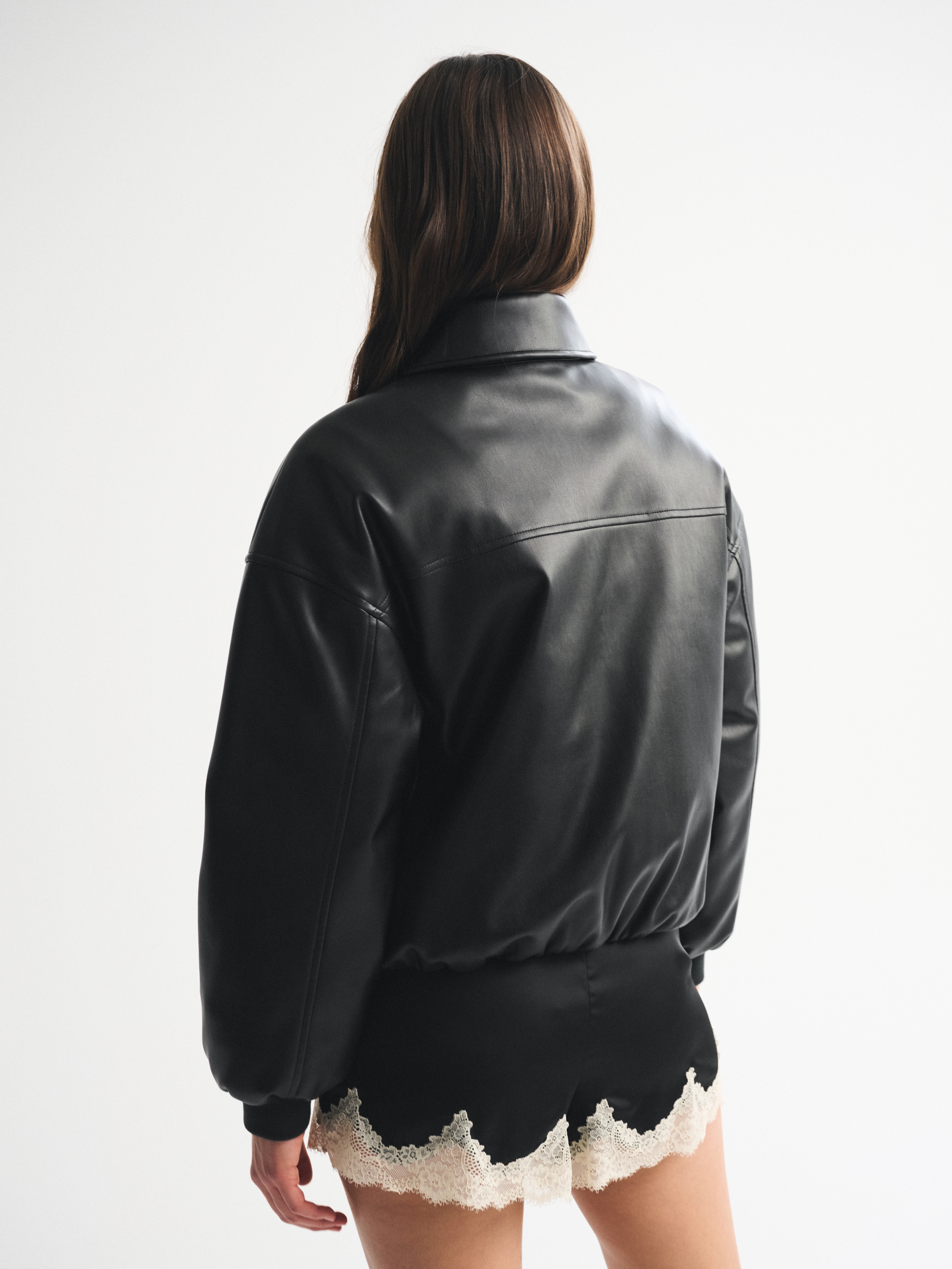 Abercrombie & Fitch Vegan Leather Bubble Hem Coat In Black