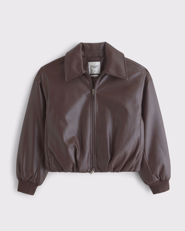 Vegan Leather Bubble Hem Coat, Coffee view 1