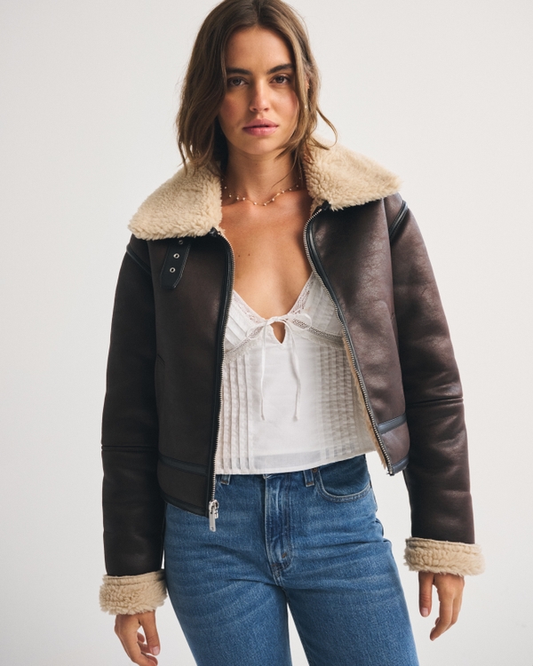 Short Vegan Leather Shearling Coat
