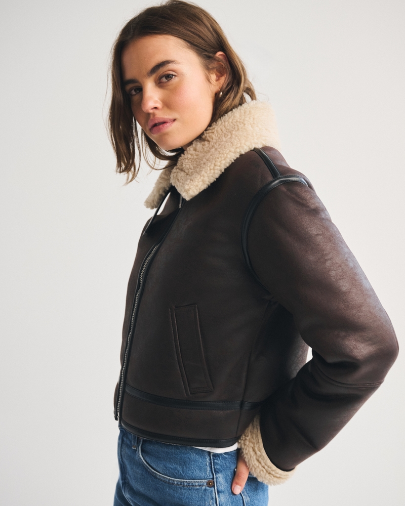 Short Vegan Leather Shearling Coat