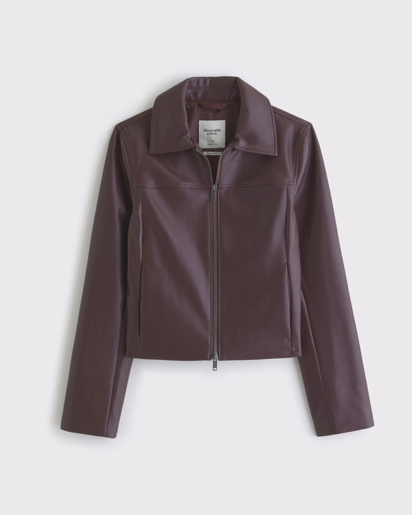Slim Zip Vegan Leather Jacket, Dark Burgundy view 1