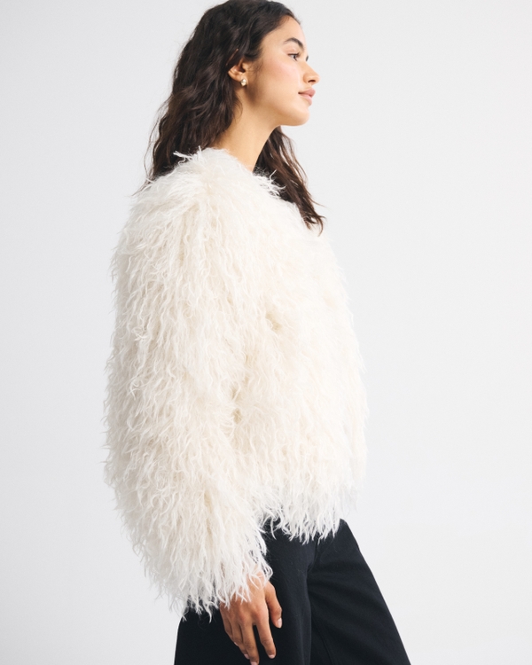 【新品】Abercrombie & Fitch ホワイトファーコート S Women's Collarless Short Faux Fur Coat | Women's Coats & Jackets