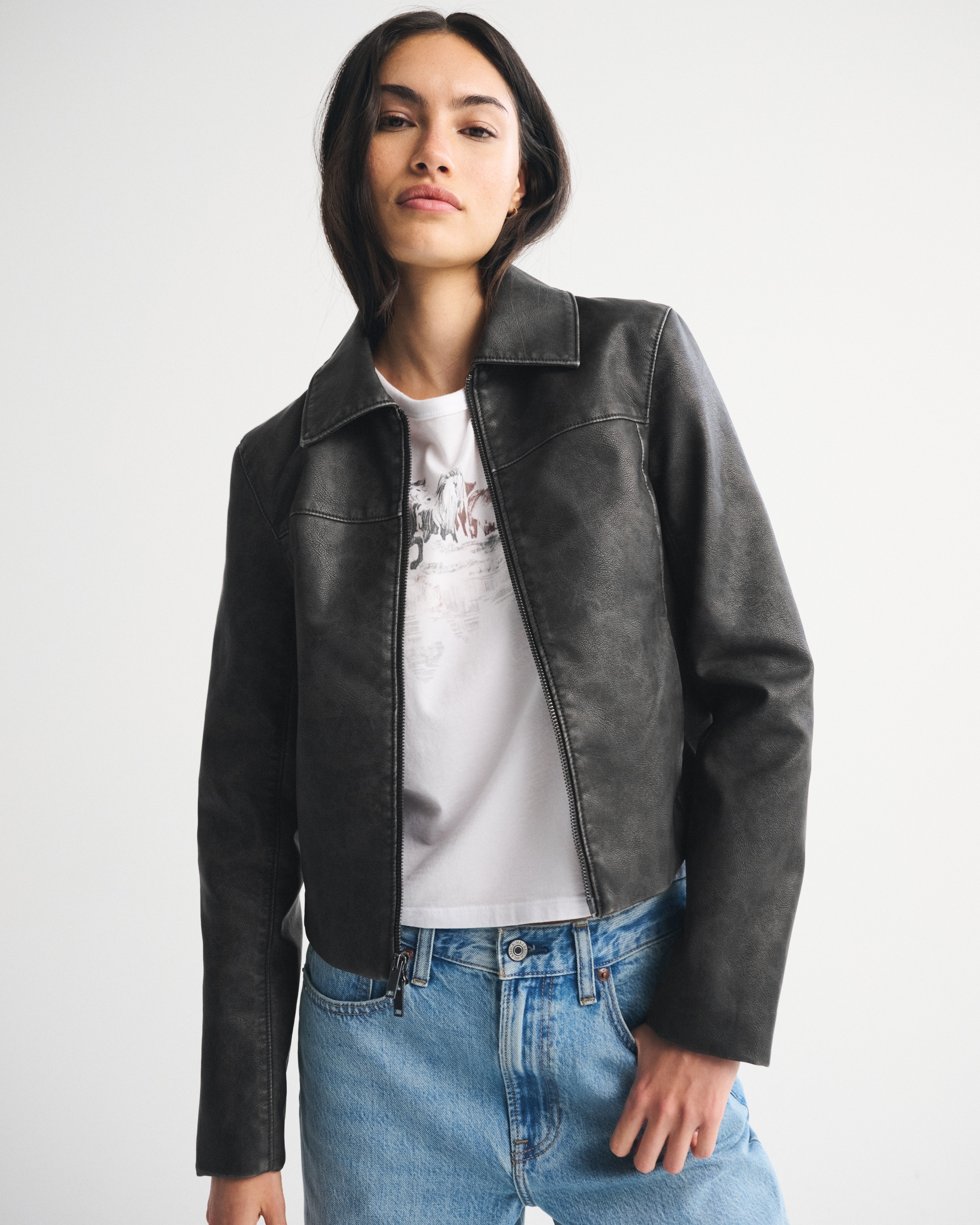 Abercrombie & Fitch Slim Zip Vegan Leather Jacket In Black
