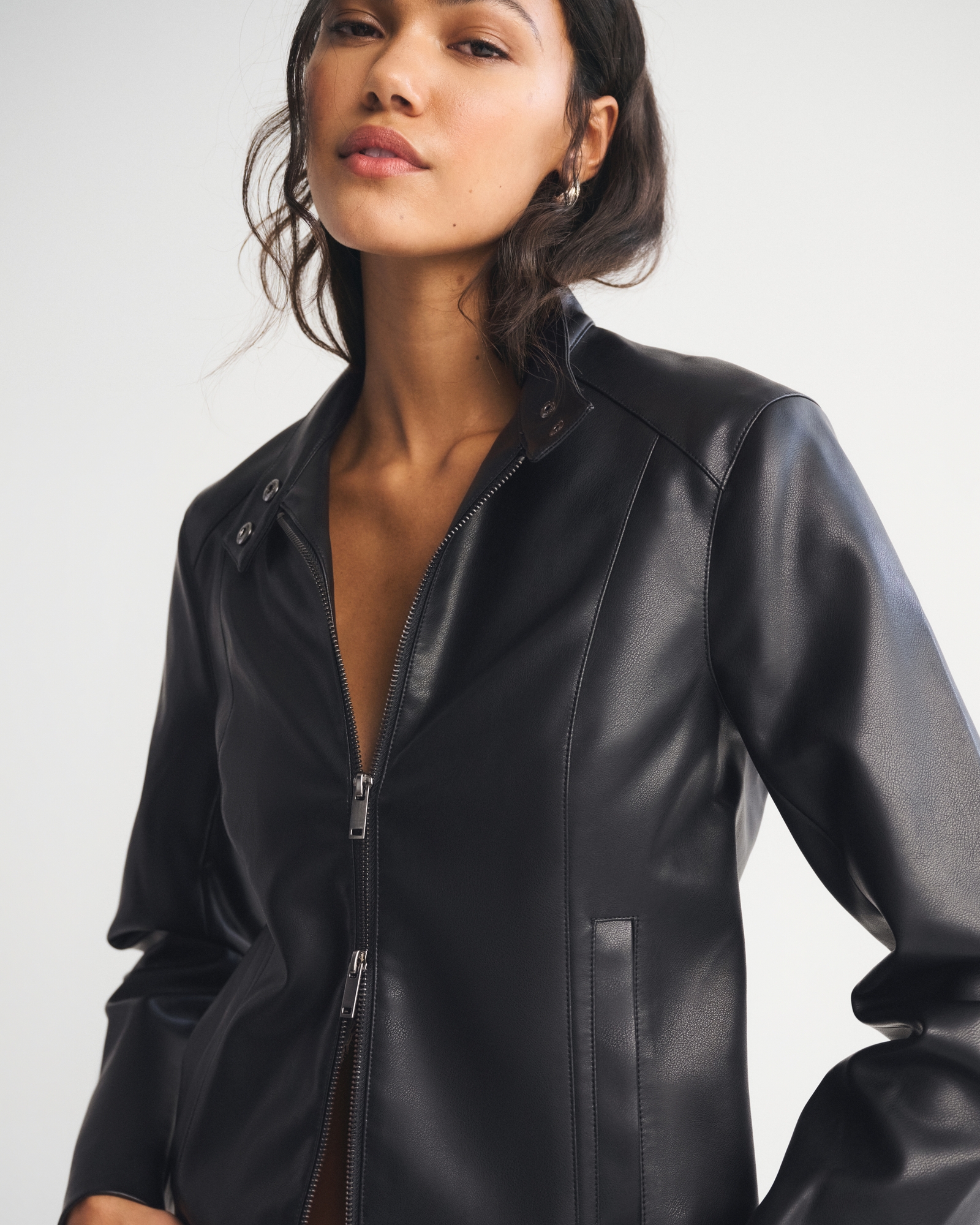 Slim Vegan Leather Mockneck Jacket