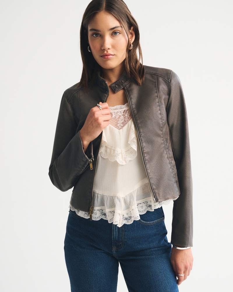 Slim Vegan Leather Mockneck Jacket