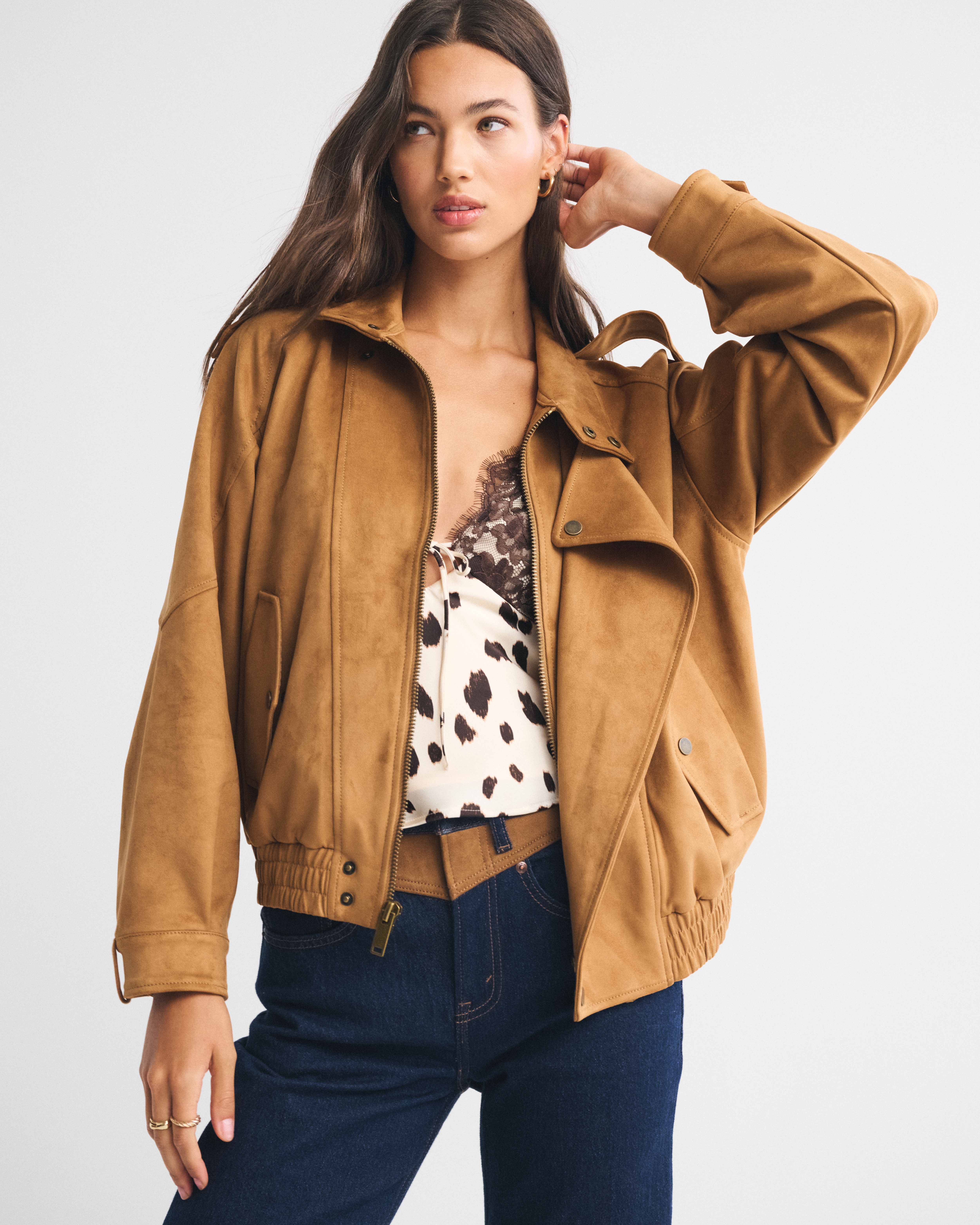 Abercrombie & Fitch Vegan Suede Bomber Jacket In Brown