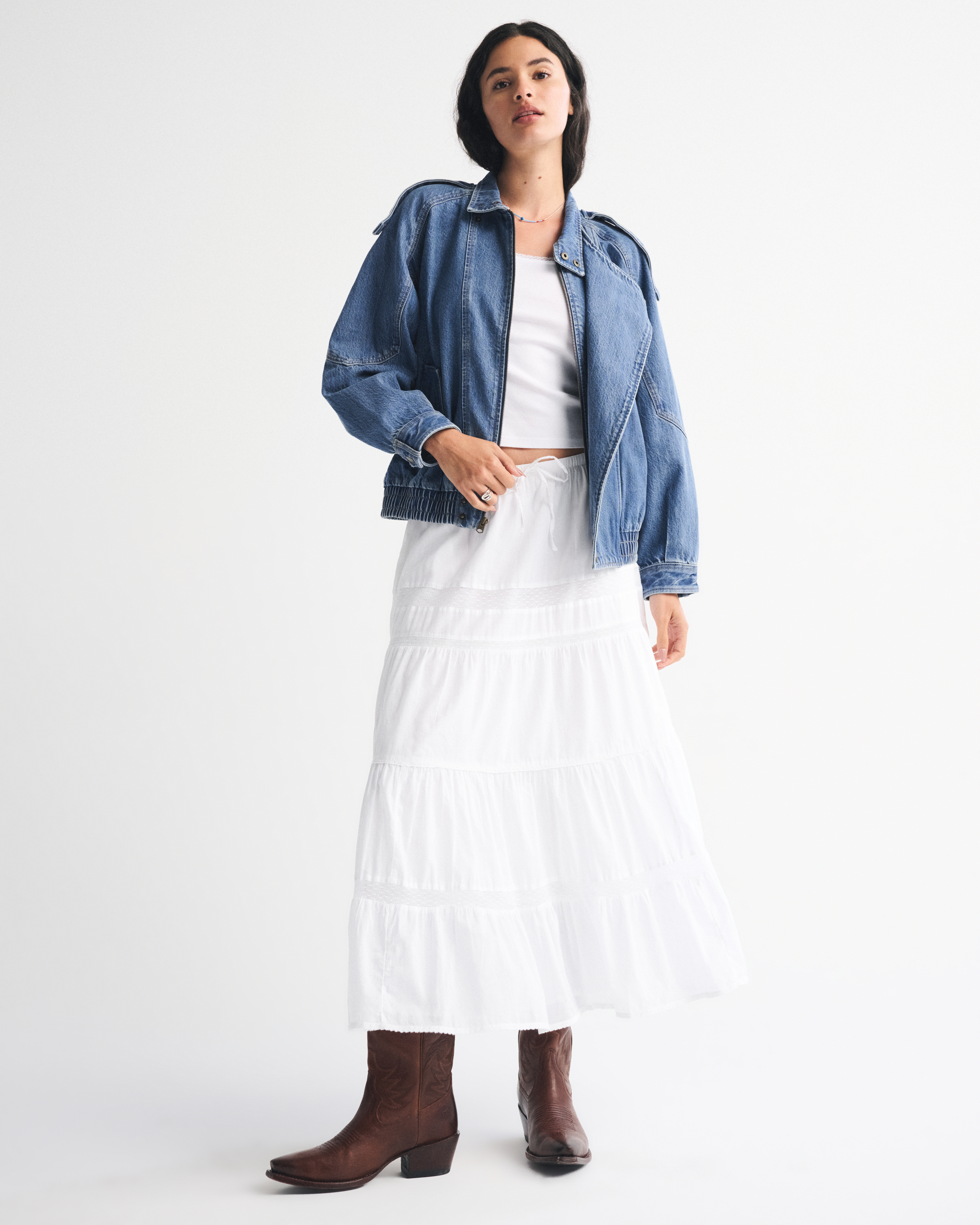 Abercrombie & Fitch Relaxed Denim Bomber Jacket In Blue