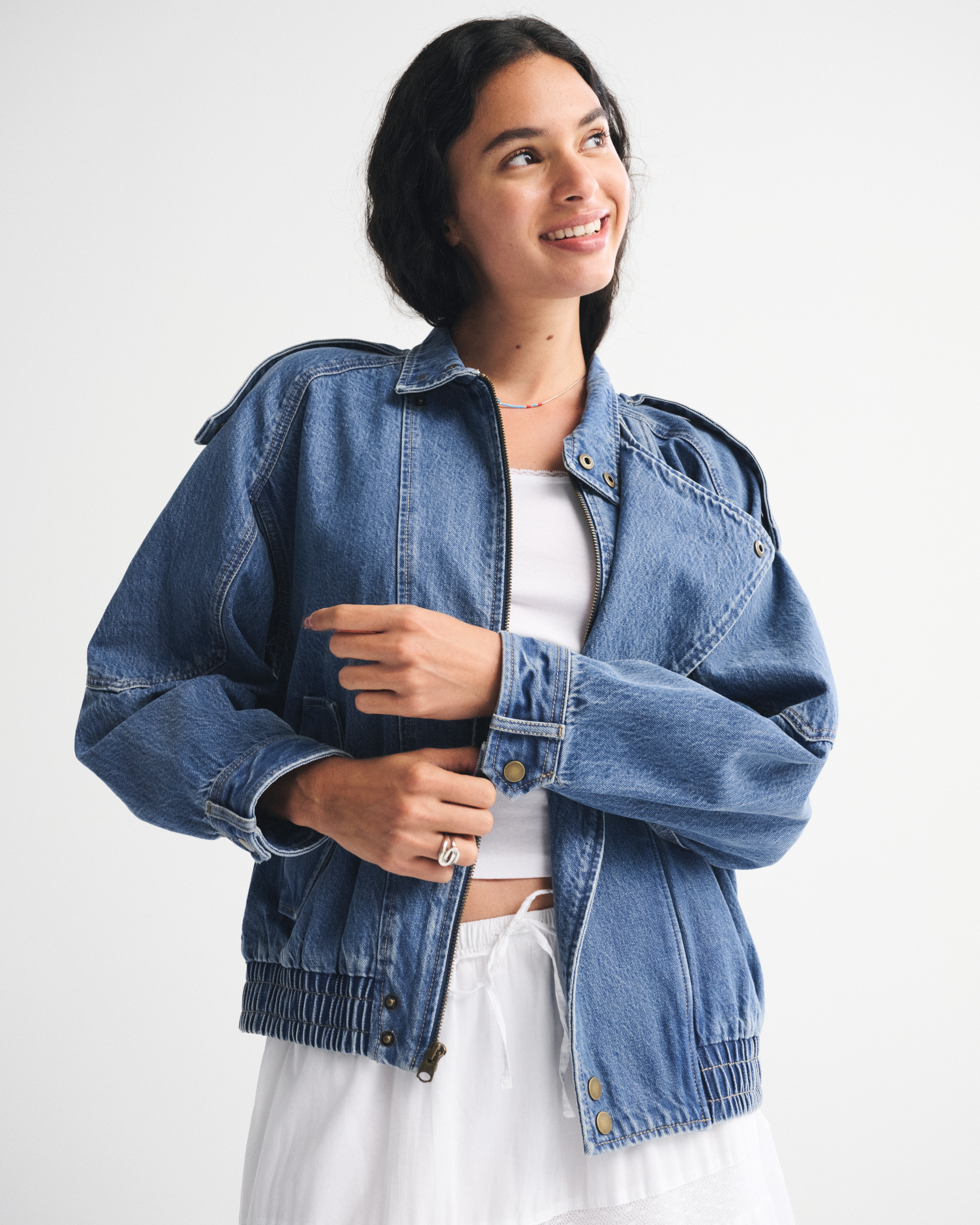 Abercrombie & Fitch Relaxed Denim Bomber Jacket In Blue