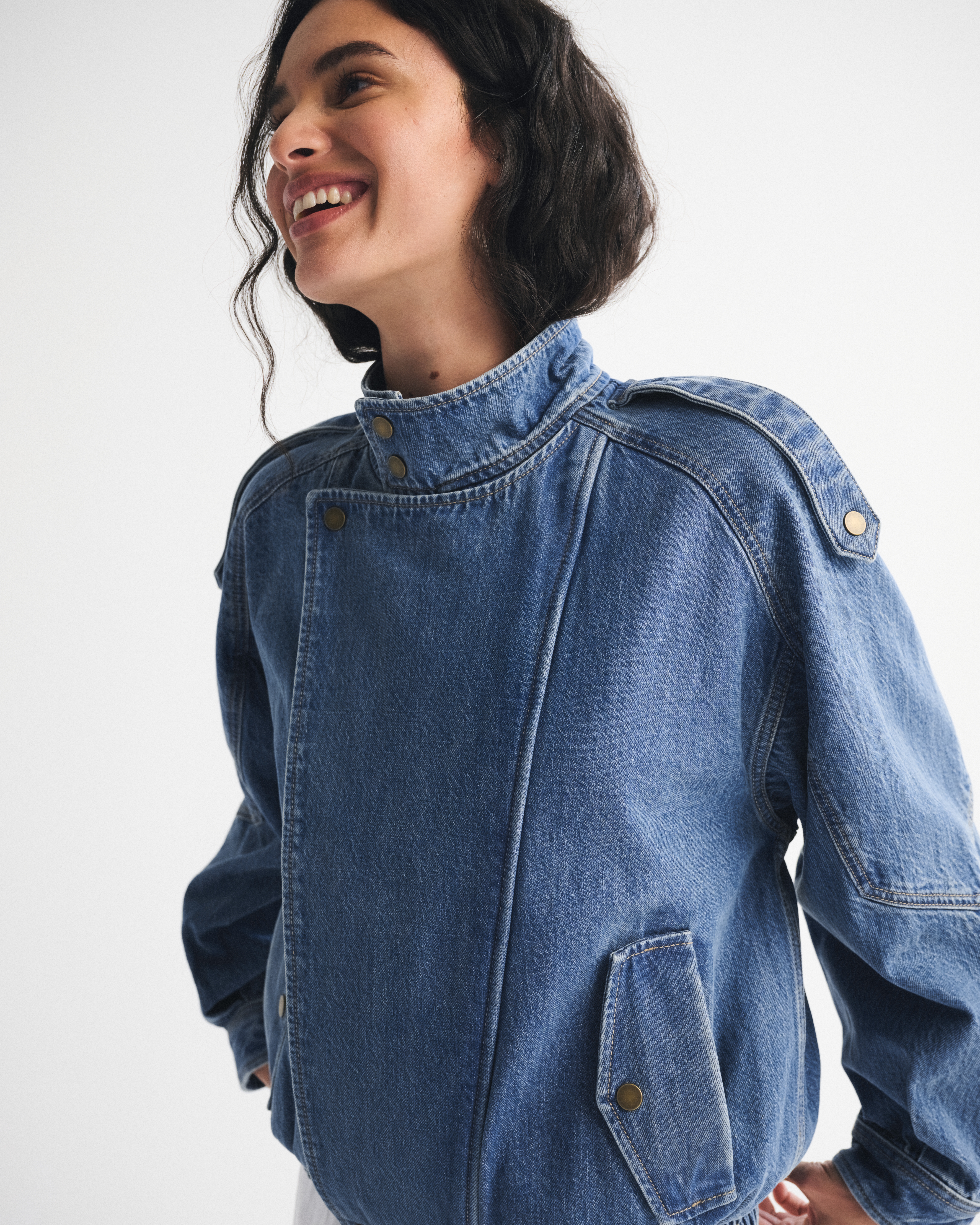 Abercrombie & Fitch Relaxed Denim Bomber Jacket In Blue