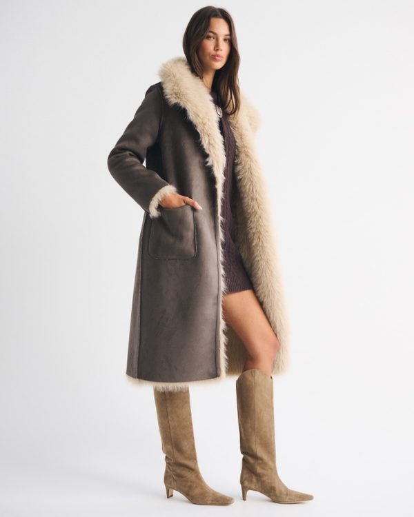 Reversible Vegan Suede Shearling Long Coat