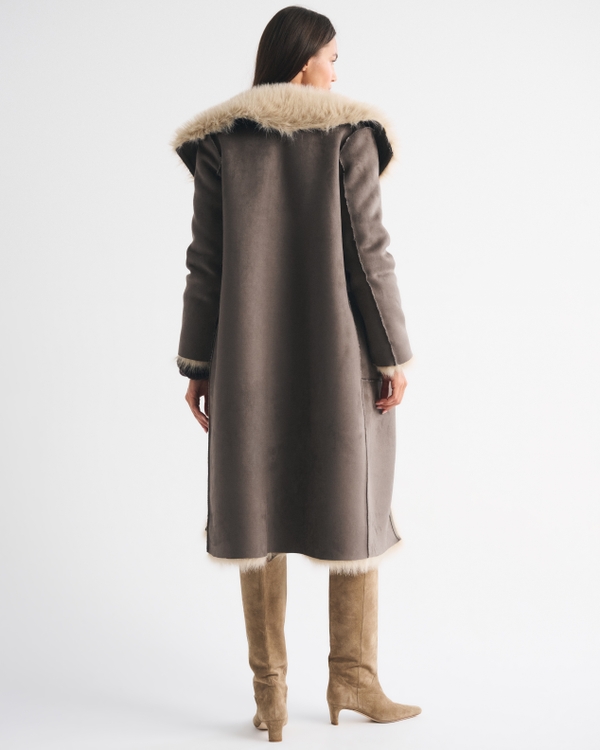 Reversible Vegan Suede Shearling Long Coat