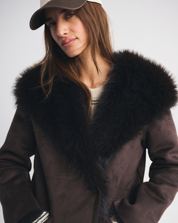 Reversible Vegan Suede Shearling Long Coat