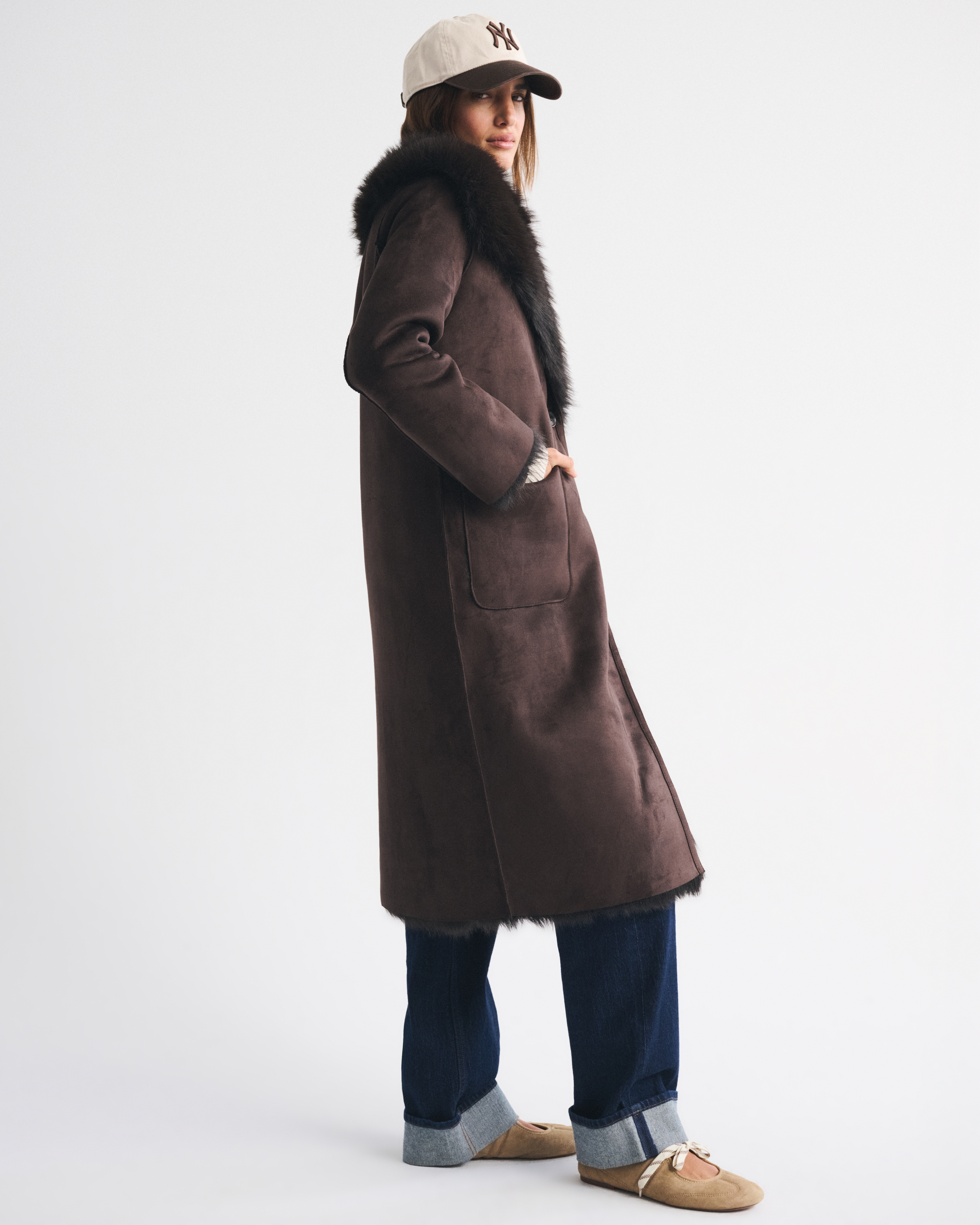 Abercrombie & Fitch Reversible Vegan Suede Shearling Long Coat In Brown