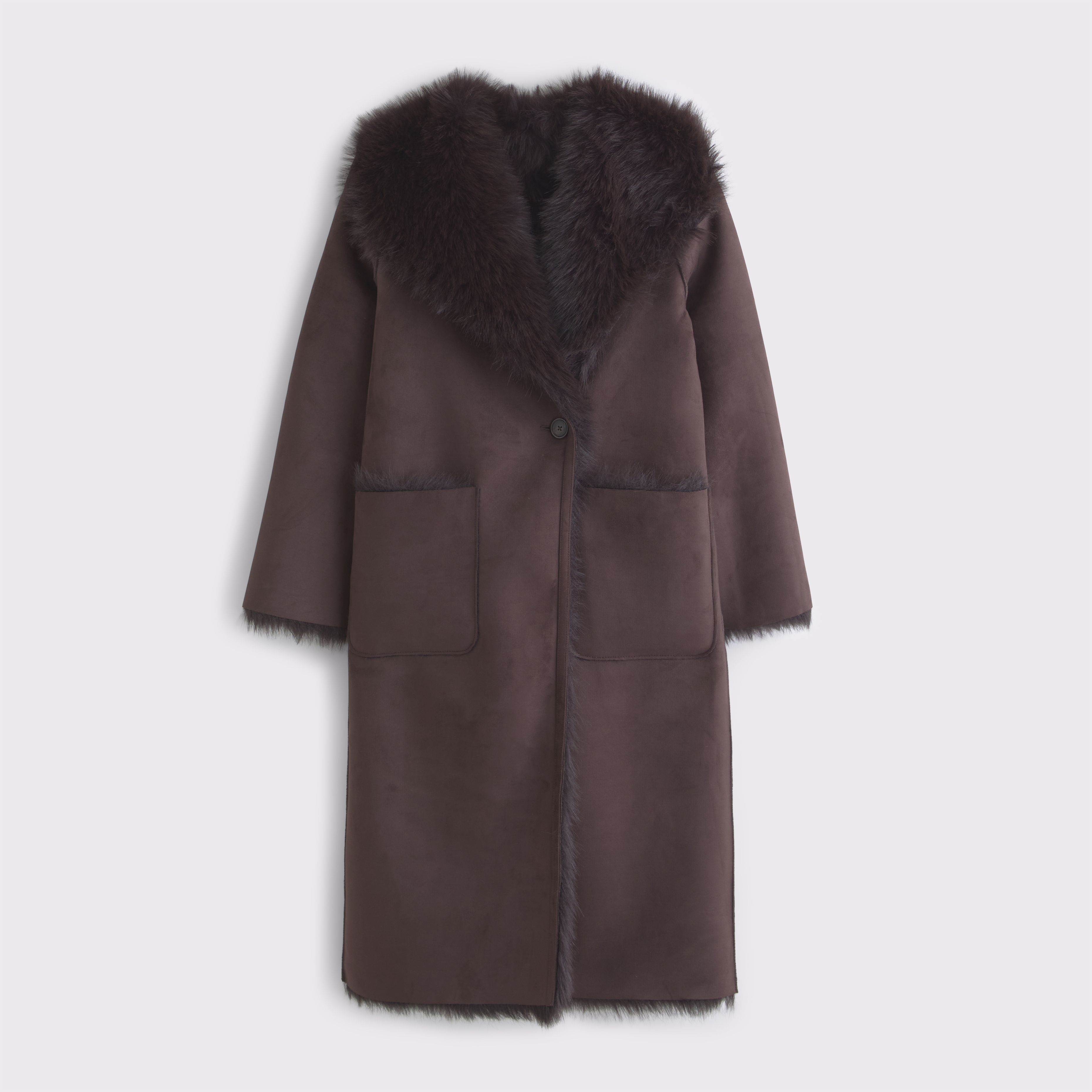 Abercrombie & Fitch Reversible Vegan Suede Shearling Long Coat In Brown