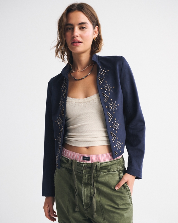 Vegan Suede Embellished Jacket, Dark Indigo view 1