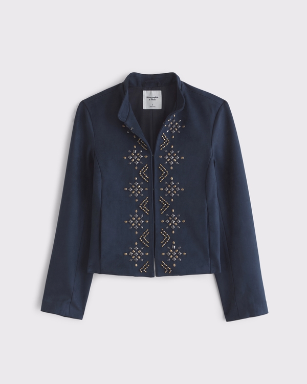 Vegan Suede Embellished Jacket, Dark Indigo view 1