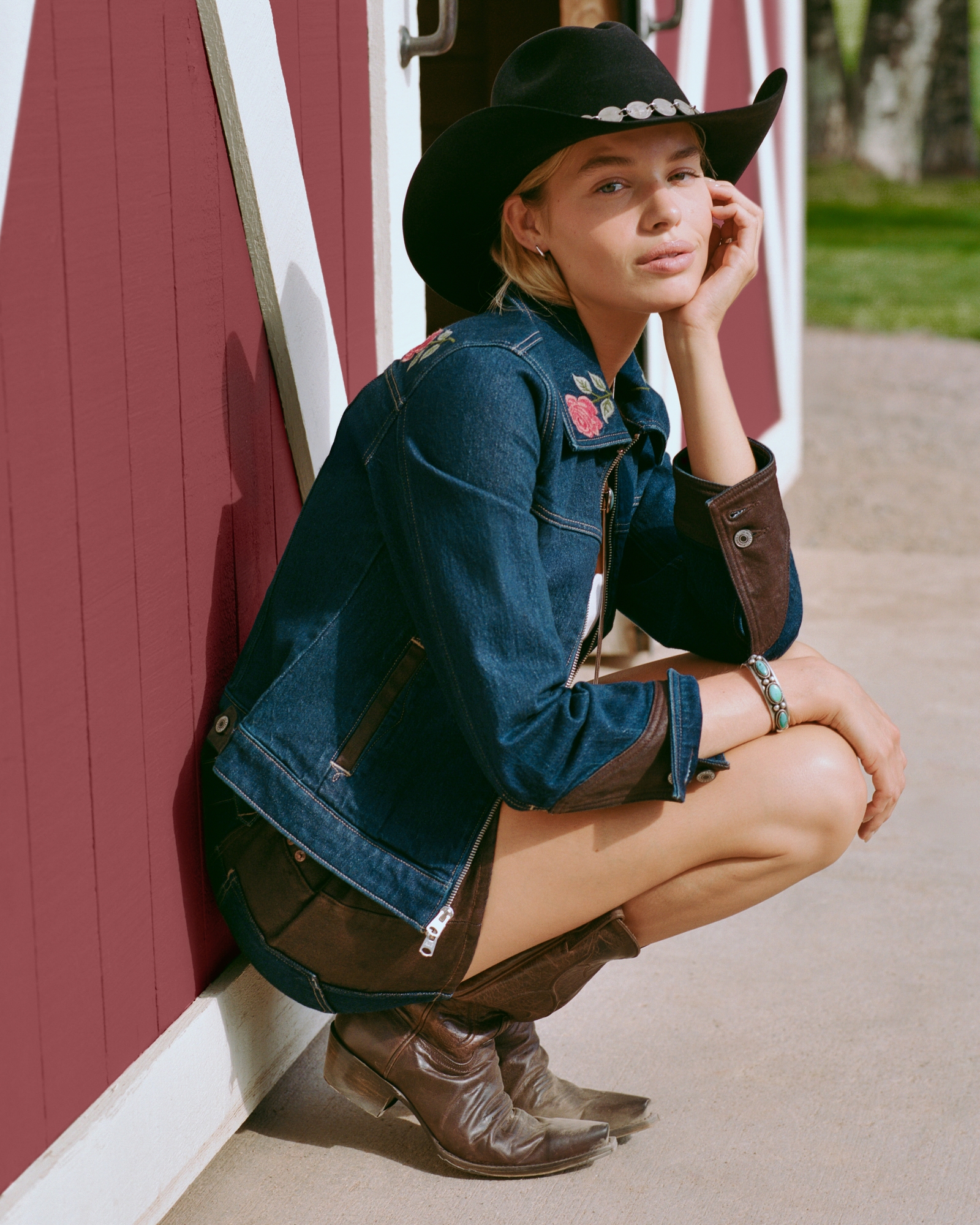 Embroidered Denim Zip-Up Jacket