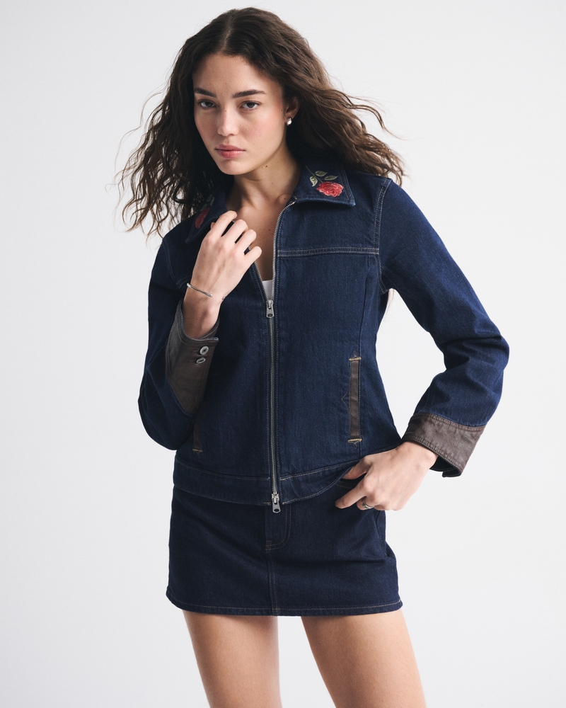 Embroidered Denim Zip-Up Jacket - thumbnail 2