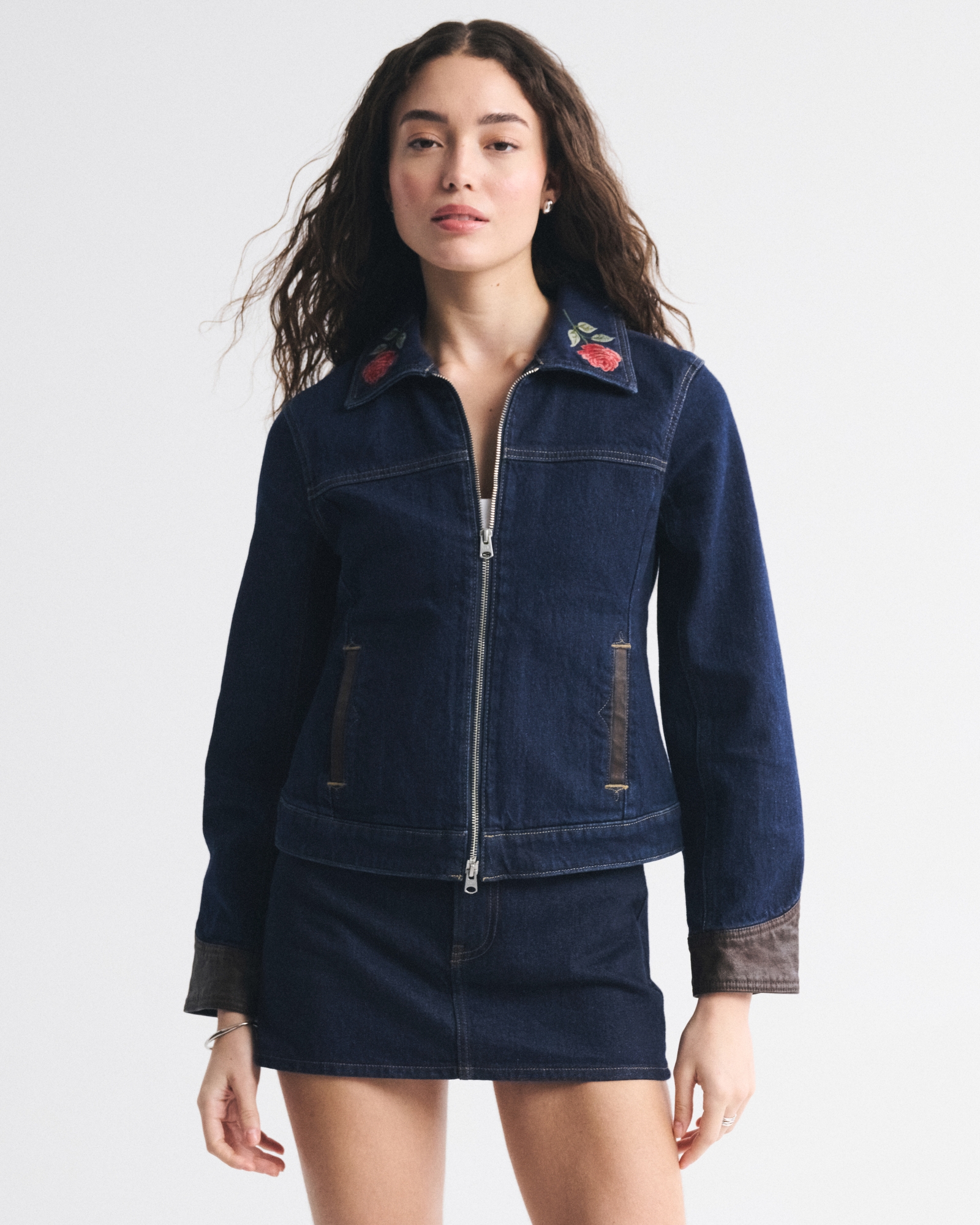 Embroidered Denim Zip-Up Jacket