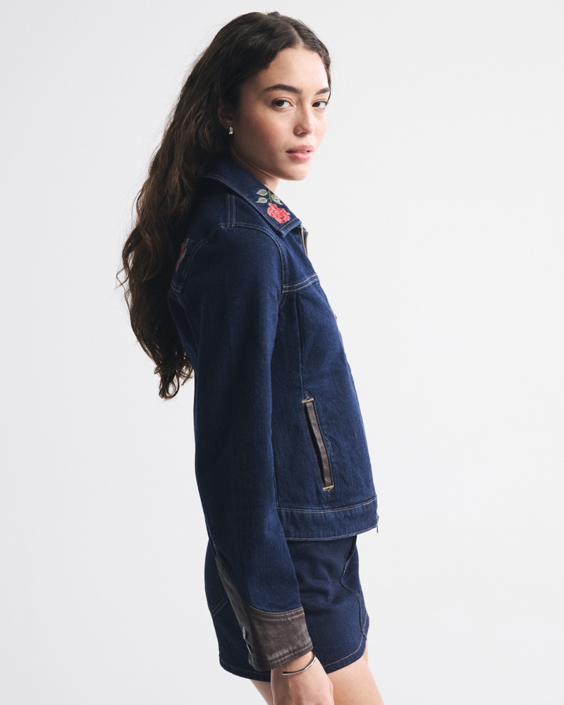 Embroidered Denim Zip-Up Jacket - thumbnail 4