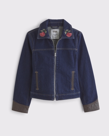 Embroidered Denim Zip-Up Jacket