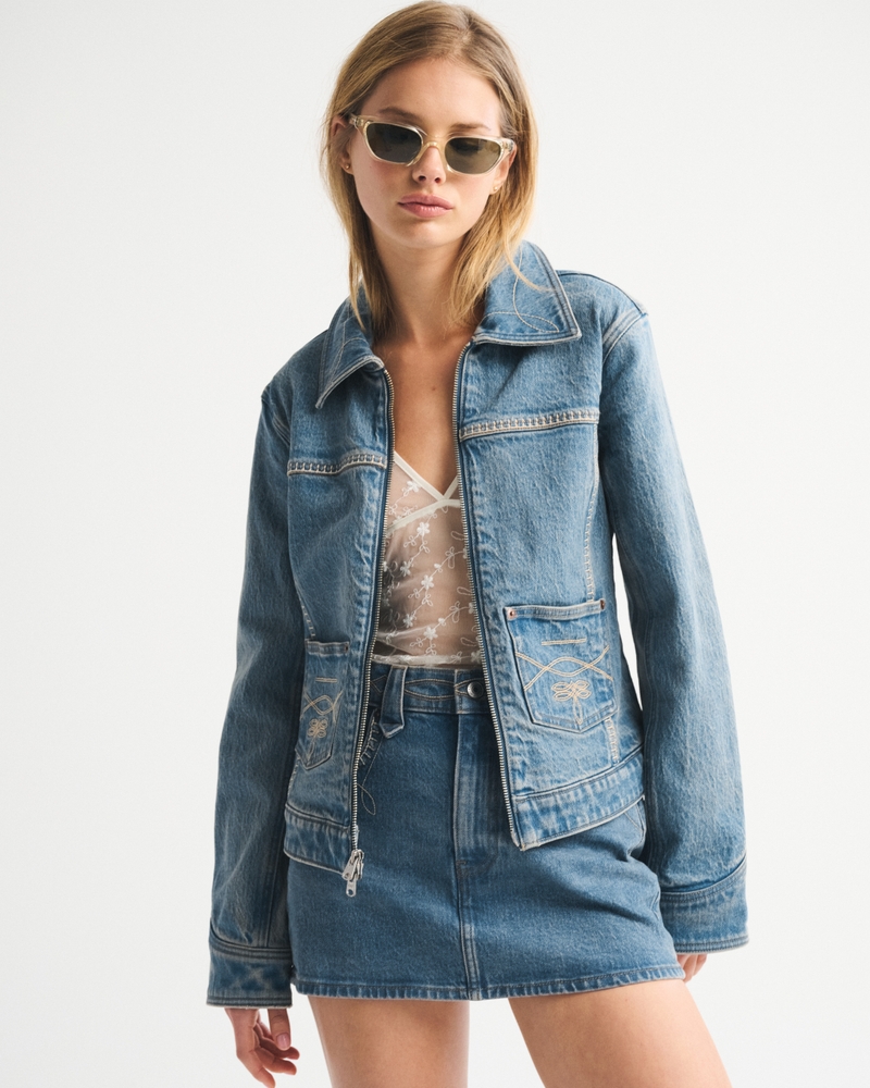 Embroidered Denim Zip-Up Jacket - thumbnail 10