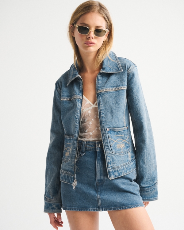 Embroidered Denim Zip-Up Jacket