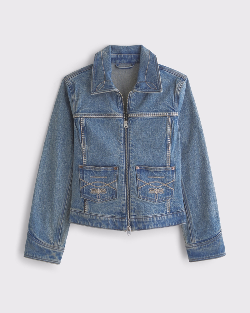 Embroidered Denim Zip-Up Jacket