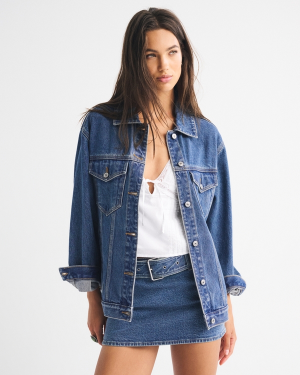 Oversized Denim Trucker Jacket, Medium Wash view 1
