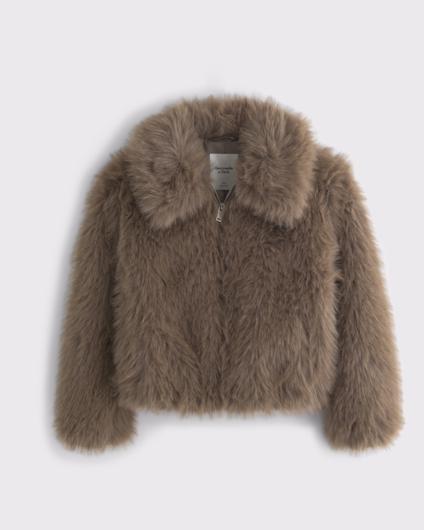 Zip-Up Faux Fur Coat, Brown view 1