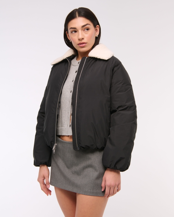 Removable Collar Bubble Hem Nylon Puffer, Black view 1