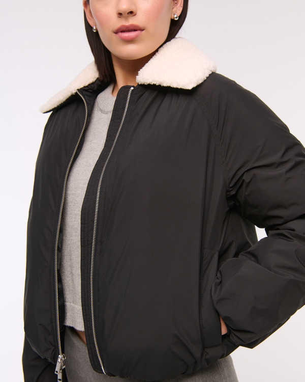 Removable Collar Bubble Hem Nylon Puffer, Black view 2