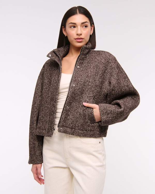 Barrel Sleeve Wool-Blend Jacket, Brown Herringbone view 1