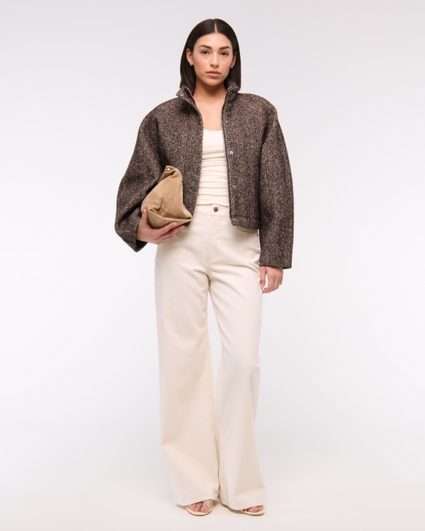 Barrel Sleeve Wool-Blend Jacket, Brown Herringbone view 2