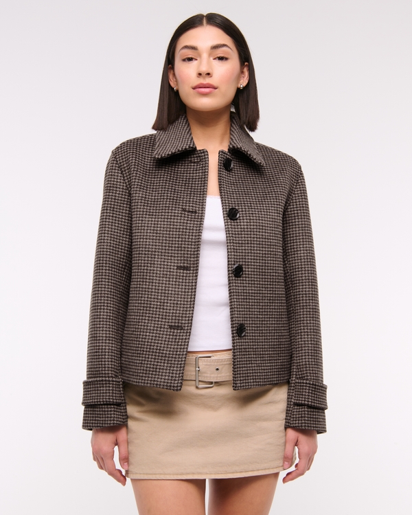 Short Wool-Blend Coat, Brown Houndstooth view 1