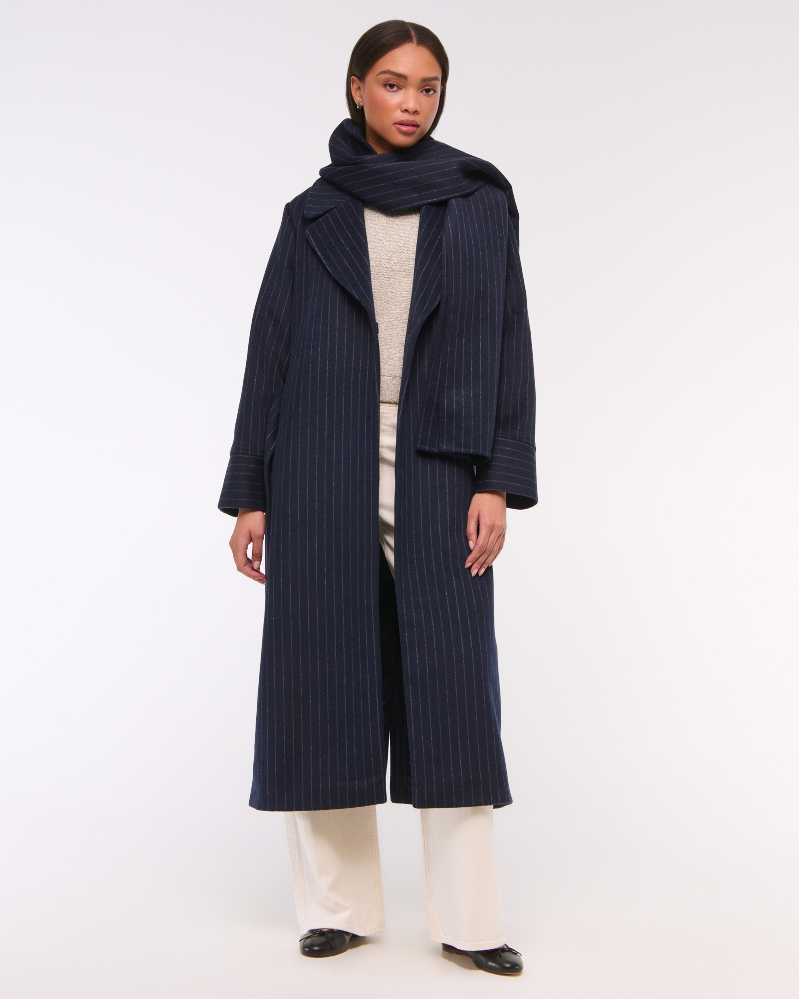 Removable Scarf Long Wool-Blend Coat
