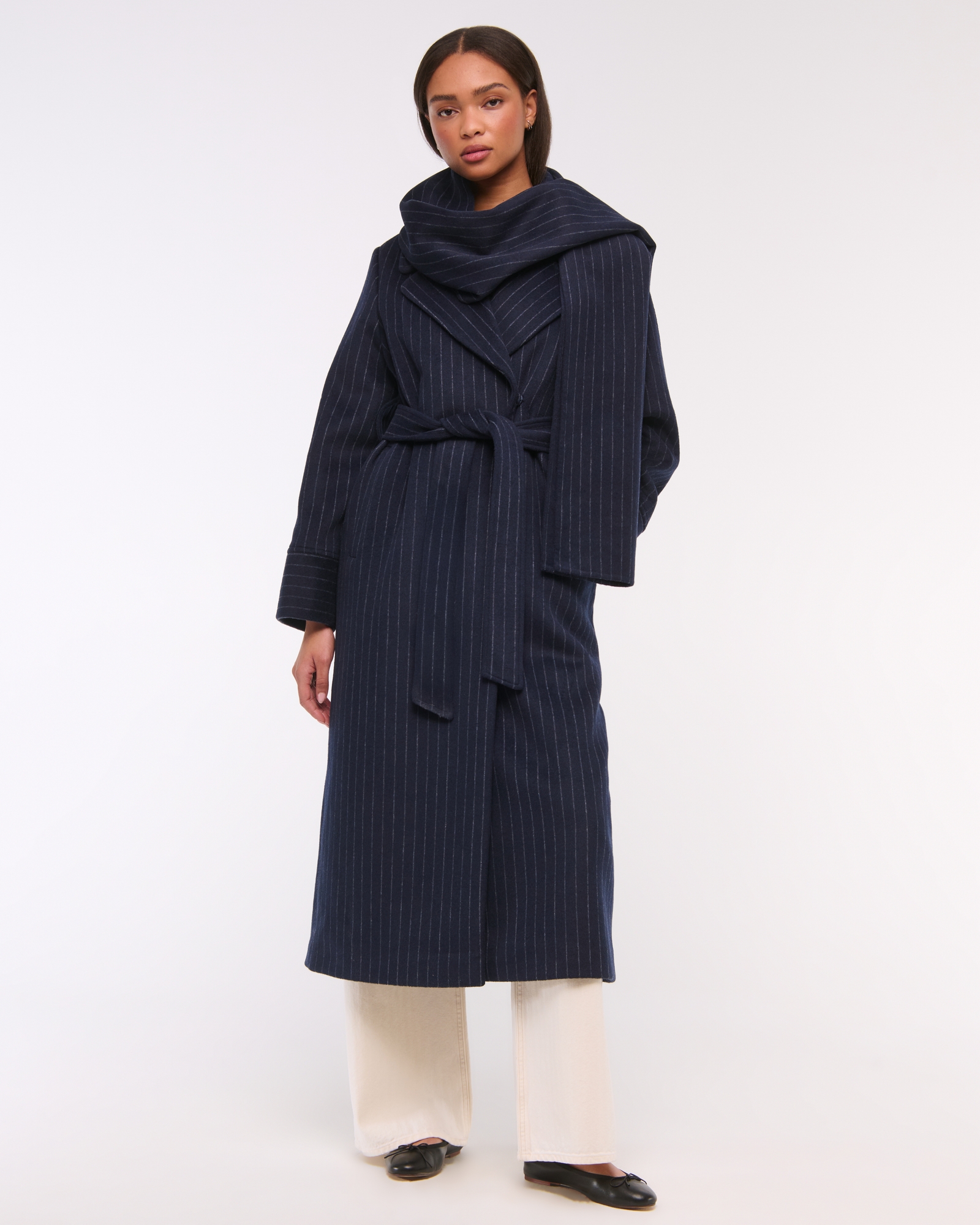 Removable Scarf Long Wool-Blend Coat