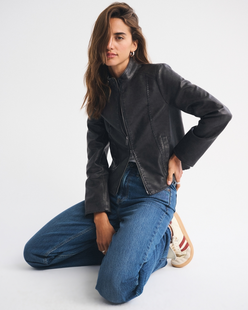 Slim Vegan Leather Mockneck Jacket
