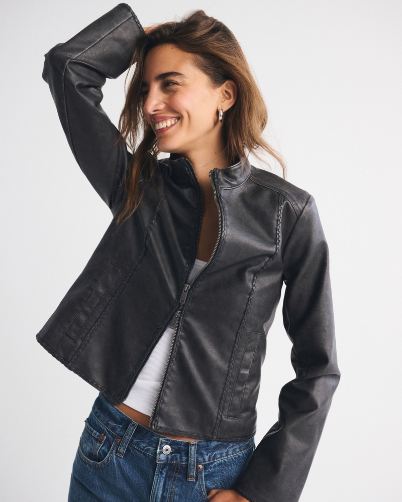Slim Vegan Leather Mockneck Jacket