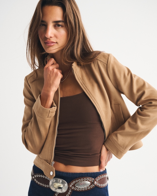 Veste slim en faux daim à col cheminée, Brun view 1