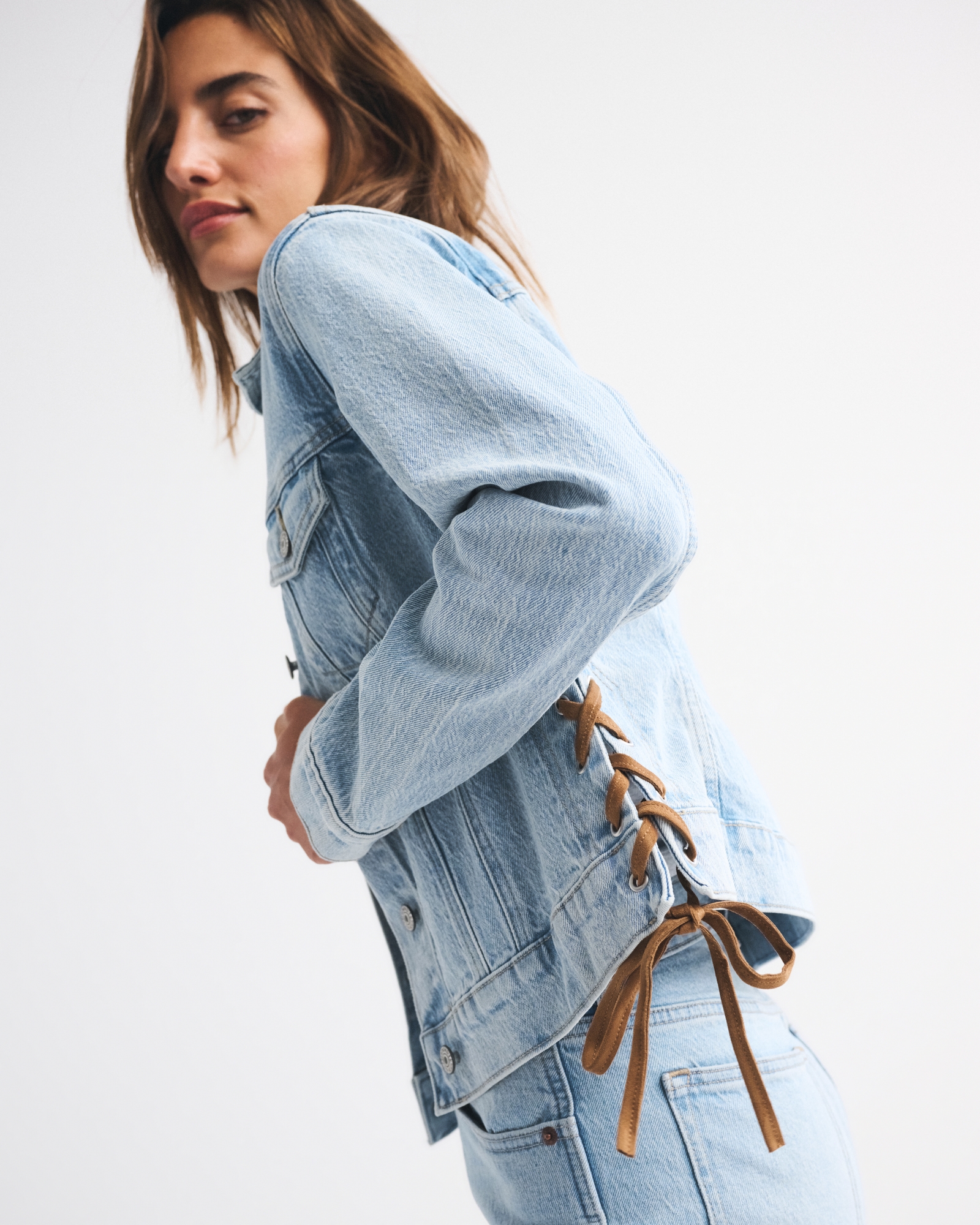 Slim Lace-Up Denim Trucker Jacket