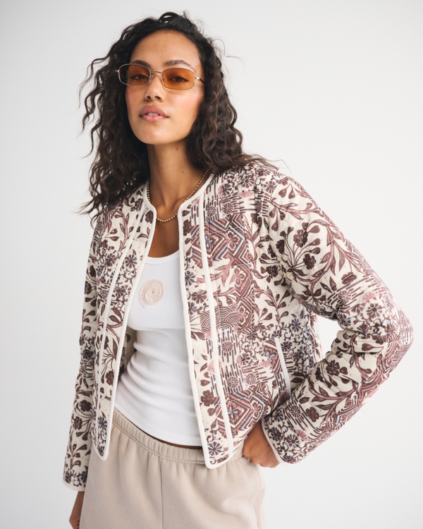 Veste matelassée sans col sans fermeture, Bleu À Motif view 1