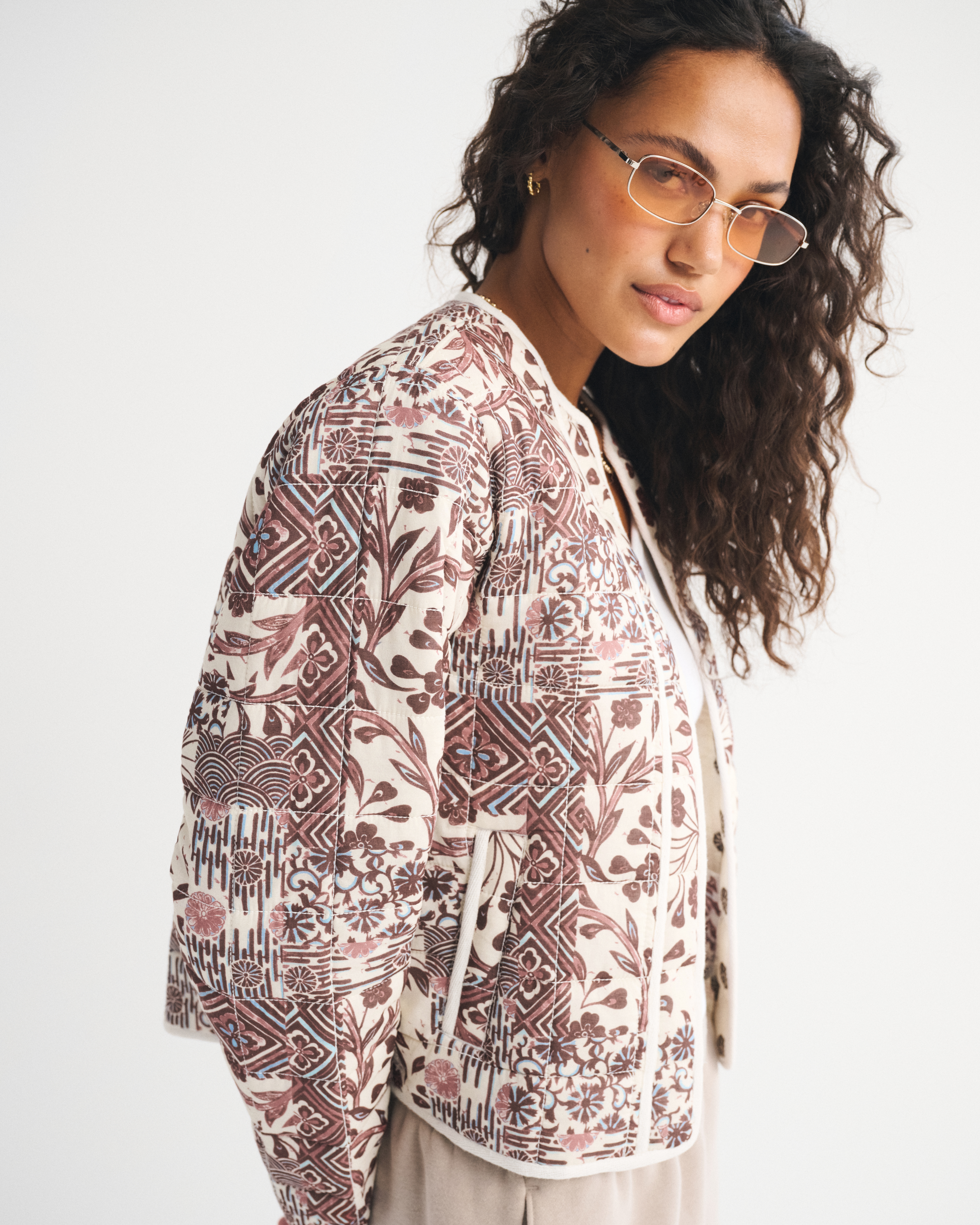 Quilted Collarless Non-Closure Jacket