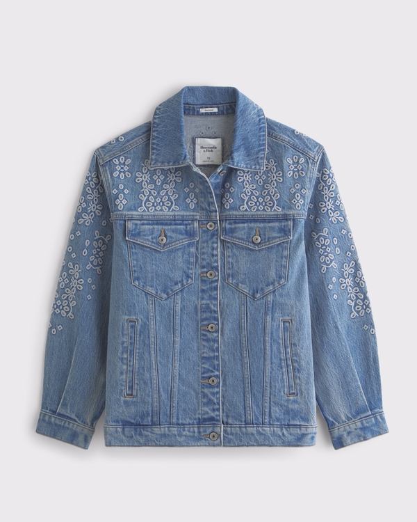 Cutwork Denim Trucker Jacket, Medium Wash view 1