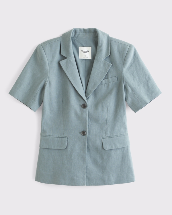 Short Sleeve Premium Linen Blazer, Teal view 1